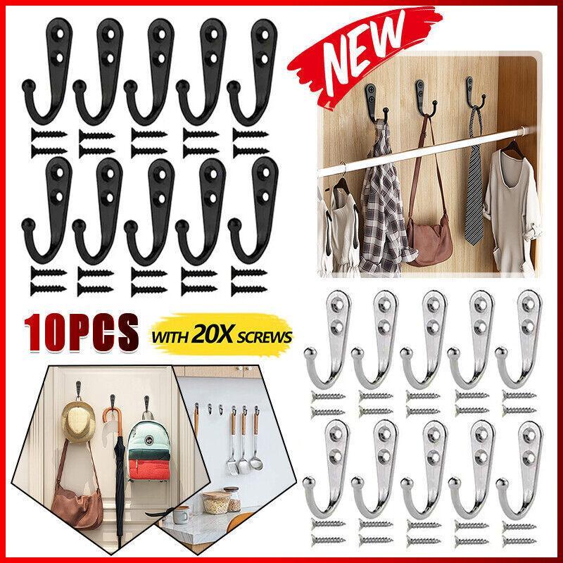10Pcs Wall Hooks Heavy Duty Coat Hat Robe Hanger Double Hole Zinc Alloy Vintage - Black