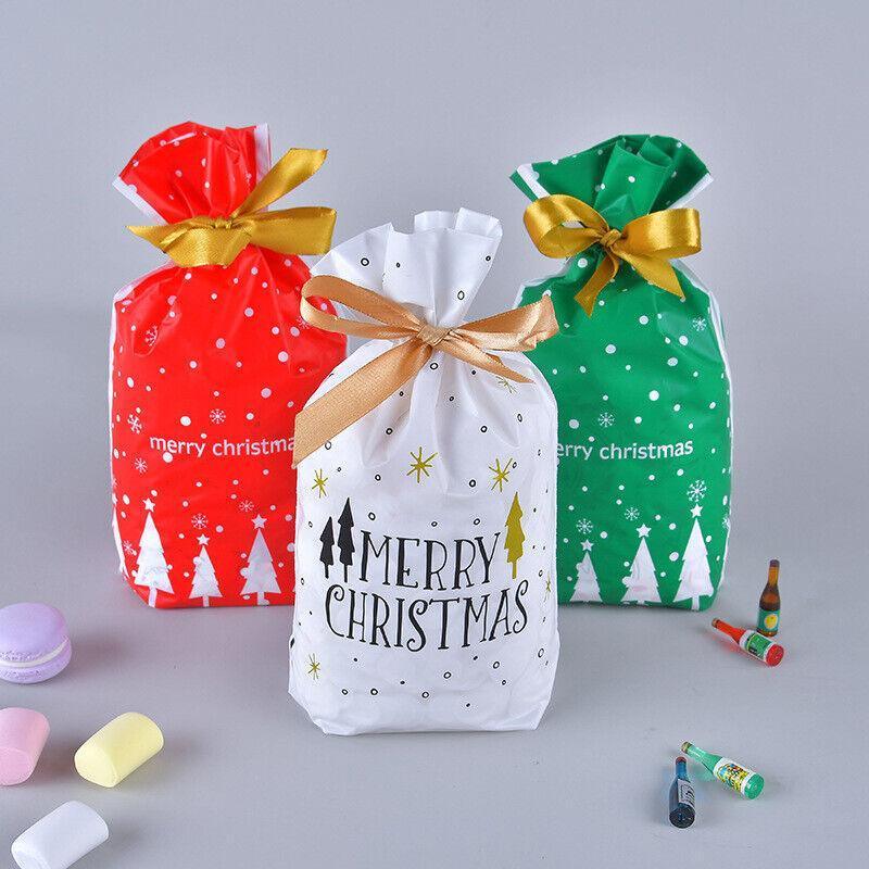 10pcs Christmas Candy Bags Gift Treat Drawstring Pouches Biscuit Cookie Packaging - 10Pcs Bag-Merry Christmas
