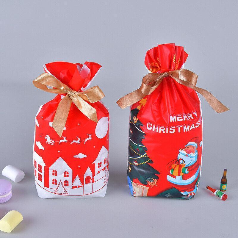 10pcs Christmas Candy Bags Gift Treat Drawstring Pouches Biscuit Cookie Packaging - 10Pcs Bag-Red Tree