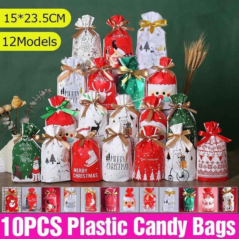 10pcs Christmas Candy Bags Gift Treat Drawstring Pouches Biscuit Cookie Packaging - 10Pcs Bag-White House