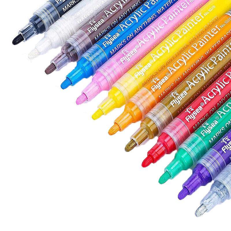 Flysea 12-80 Colours Acrylic Paint Pens Painting Stone Ceramic Glass Marker2-3Mm - 12-Colour Set