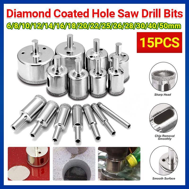 15PCS Diamond Drill Bit Set 6mm-50mm Tile Marble Glass Ceramic Hole Saw Drilling