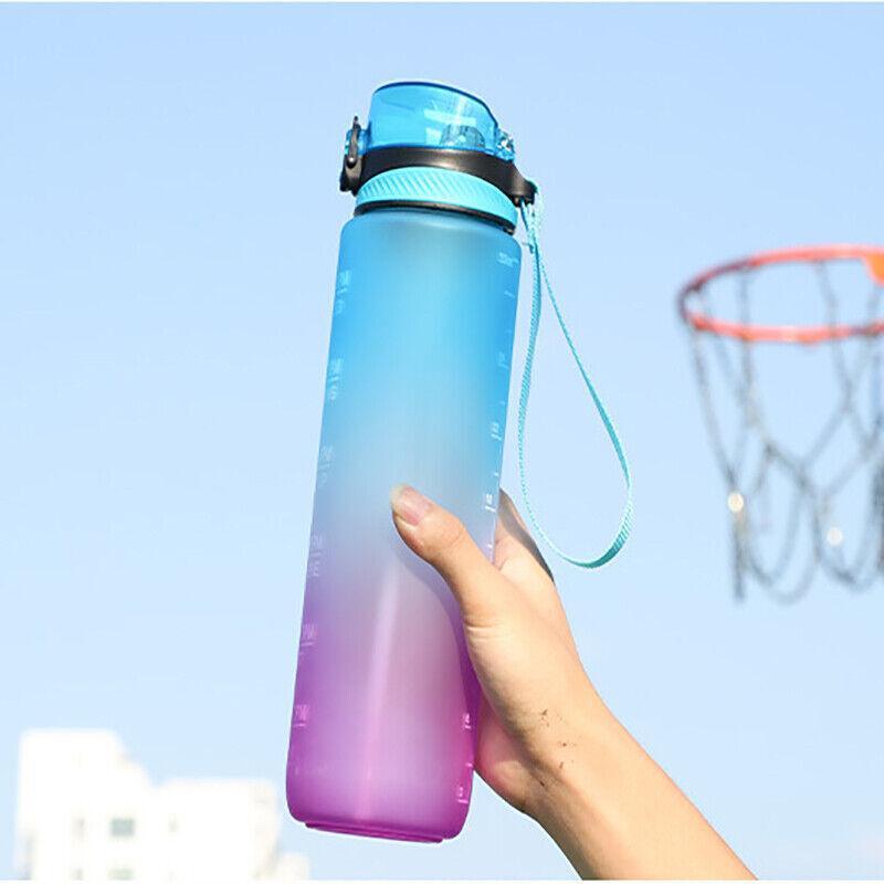 1L Water Bottle Motivational Drink Flask With Time Markings Bpa Free Sport Gym - Blue+Purple