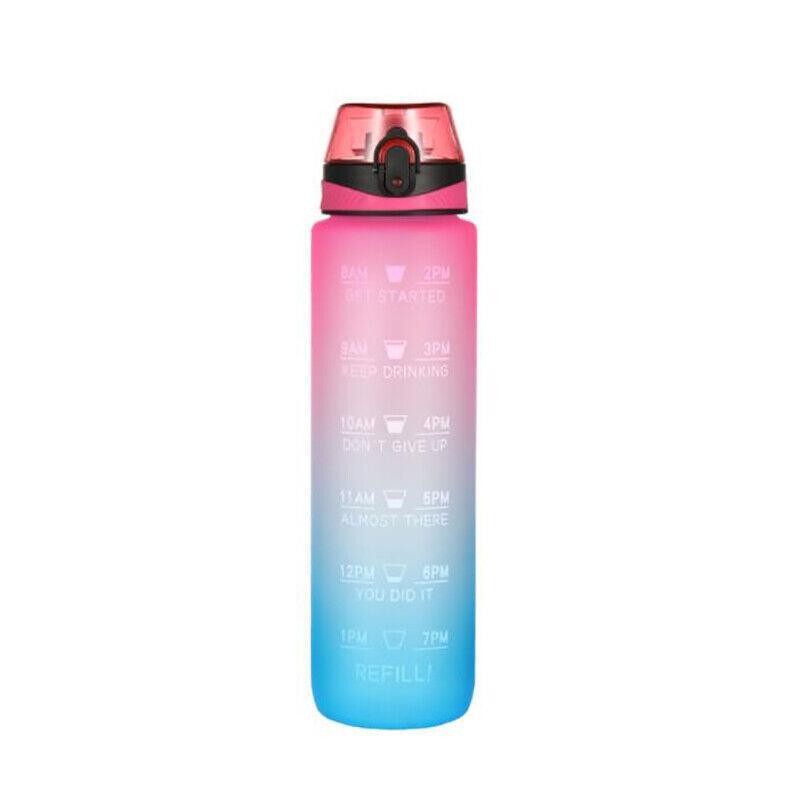 1L Water Bottle Motivational Drink Flask With Time Markings Bpa Free Sport Gym - Blue+Purple
