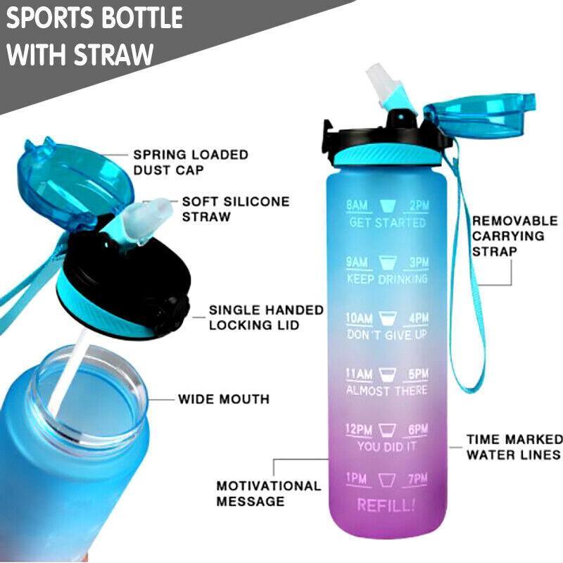 1L Water Bottle Motivational Drink Flask With Time Markings Bpa Free Sport Gym - Green+Purple
