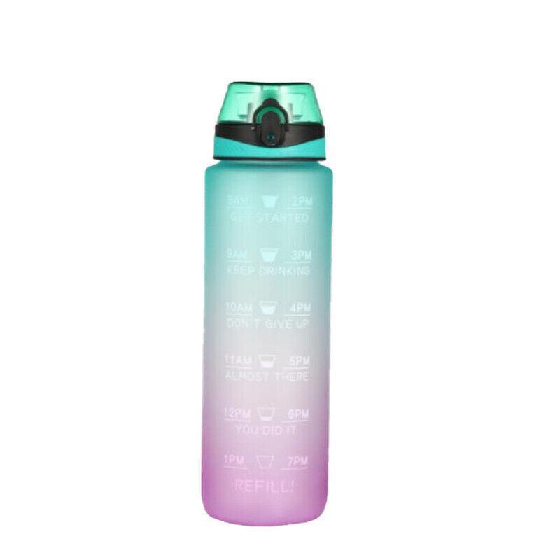 1L Water Bottle Motivational Drink Flask With Time Markings Bpa Free Sport Gym - Green+Purple