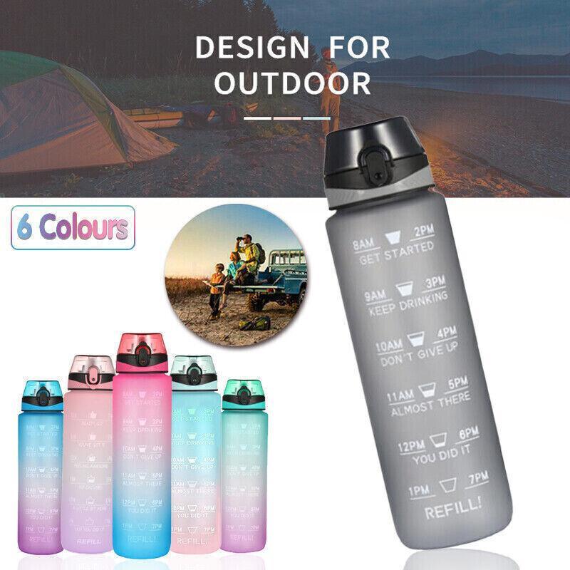 1L Water Bottle Motivational Drink Flask With Time Markings Bpa Free Sport Gym - Pink+Purple