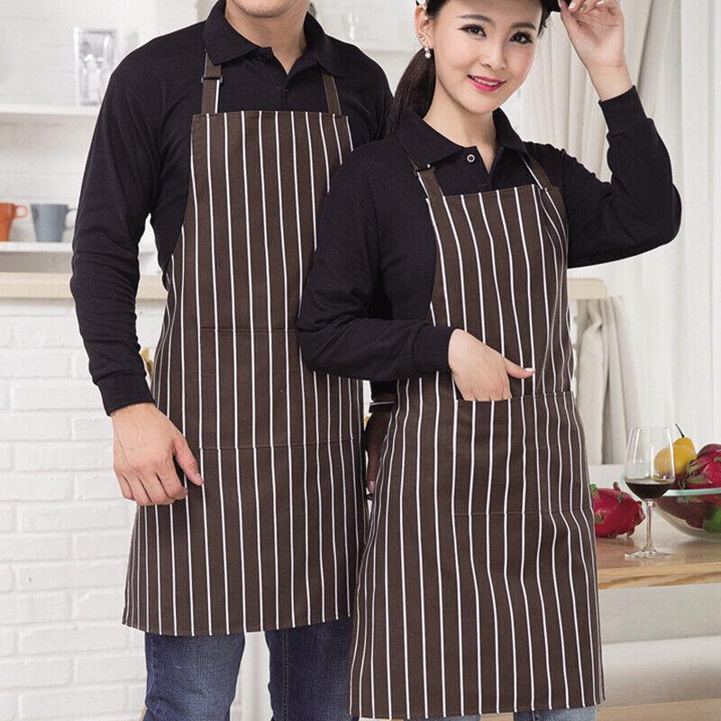 Apron with Pocket 2Pcs Chef Butcher Kitchen Cooking Baking Restaurant Wear - Coffee White Strip