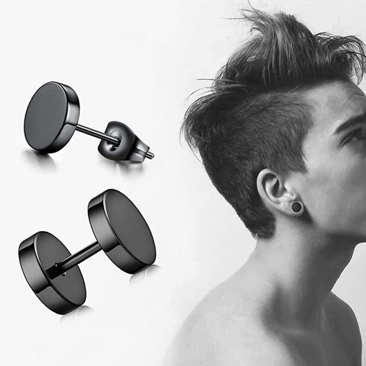 Pair Black Flat Round Barbell Plug Stud Earrings Stainless Steel Mens Gym 4-12Mm - 6mm