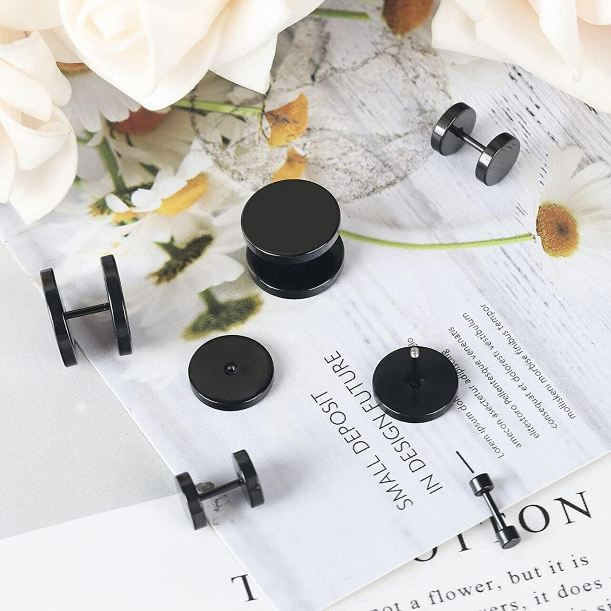 Pair Black Flat Round Barbell Plug Stud Earrings Stainless Steel Mens Gym 4-12Mm - 6mm