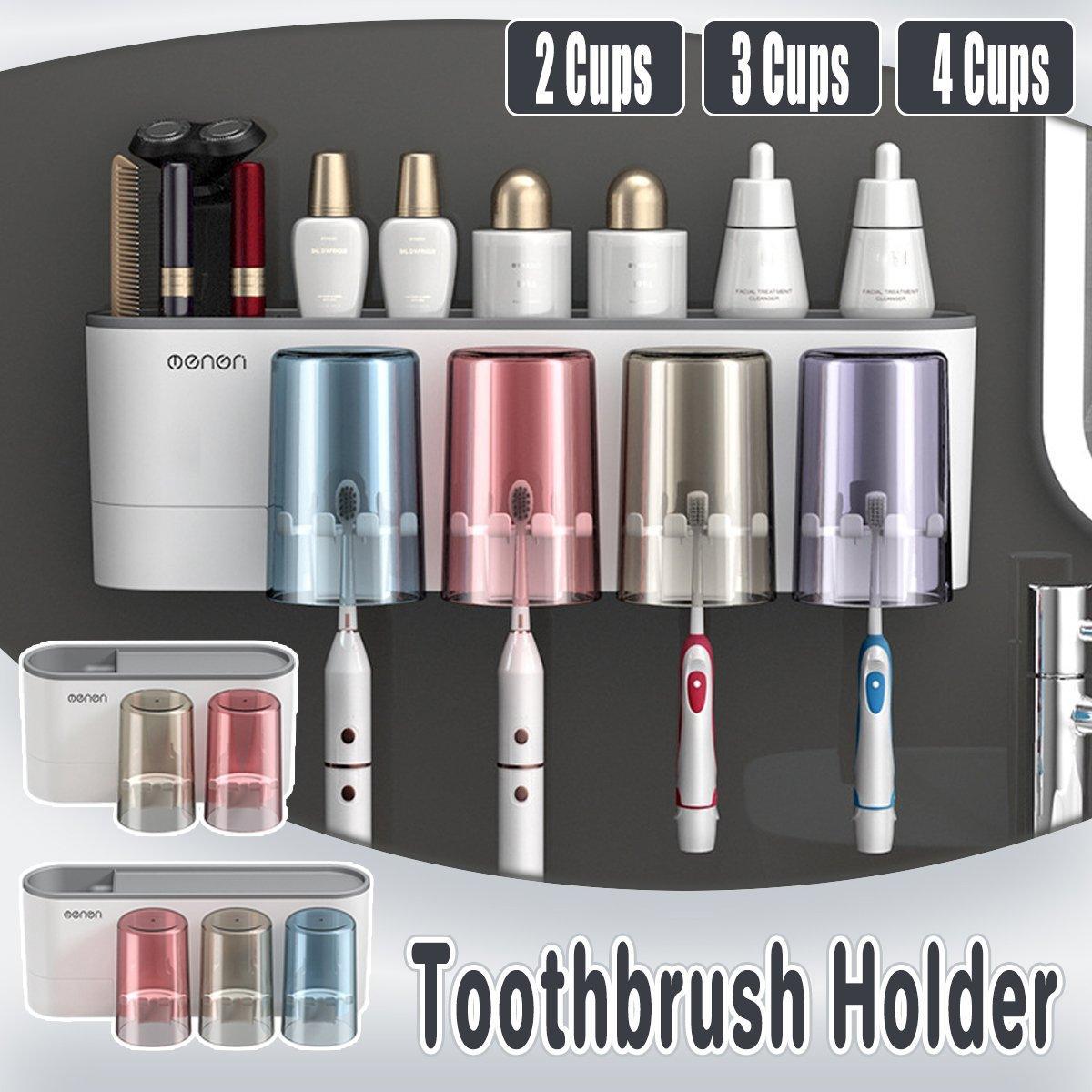 Bathroom Wall Mounted Toothbrush Holder Toothpaste Stand Storage Rack With Cup - Three Cups Set