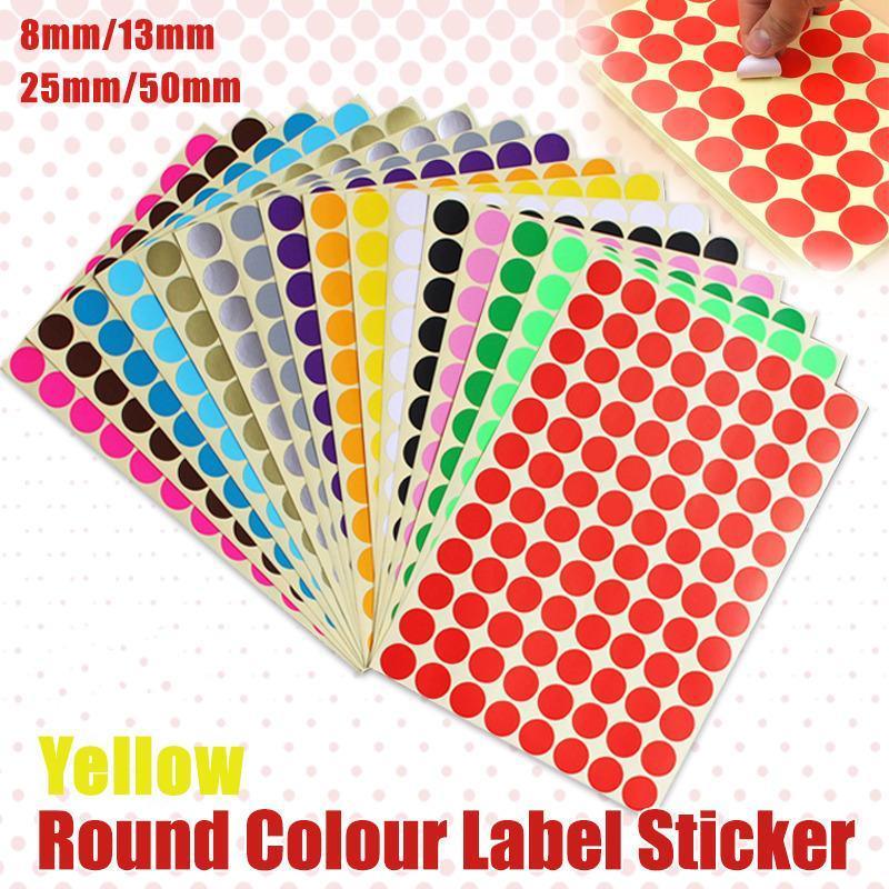 8/13/25/50mm Colour Sticker Dots Adhesive Round Labels Circular Scrapbooking Yellow - 8mm 260 Dots - 5 Sheets