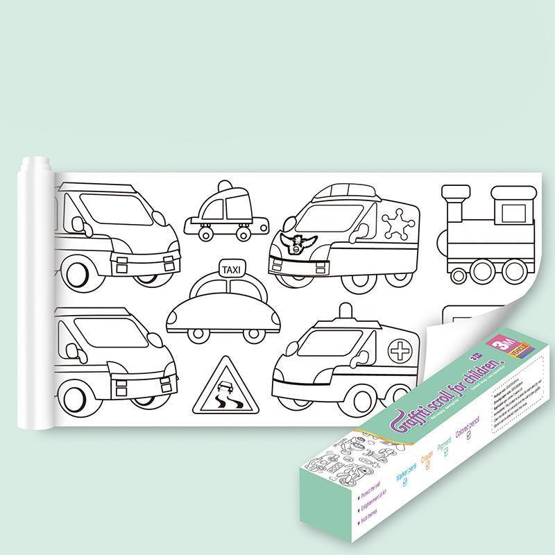 3M DIY Colouring Paper Roll with 12 Colour Pencils Cartoon Doodle Set - Transportation (With 12PCS Colored Pencils