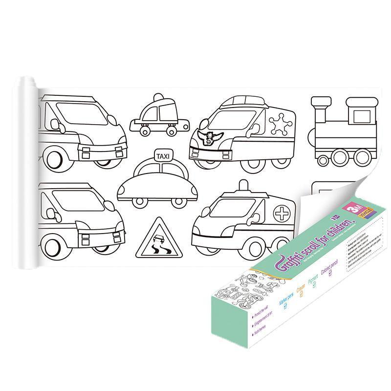 3M DIY Colouring Paper Roll with 12 Colour Pencils Cartoon Doodle Set - Transportation (With 12PCS Colored Pencils