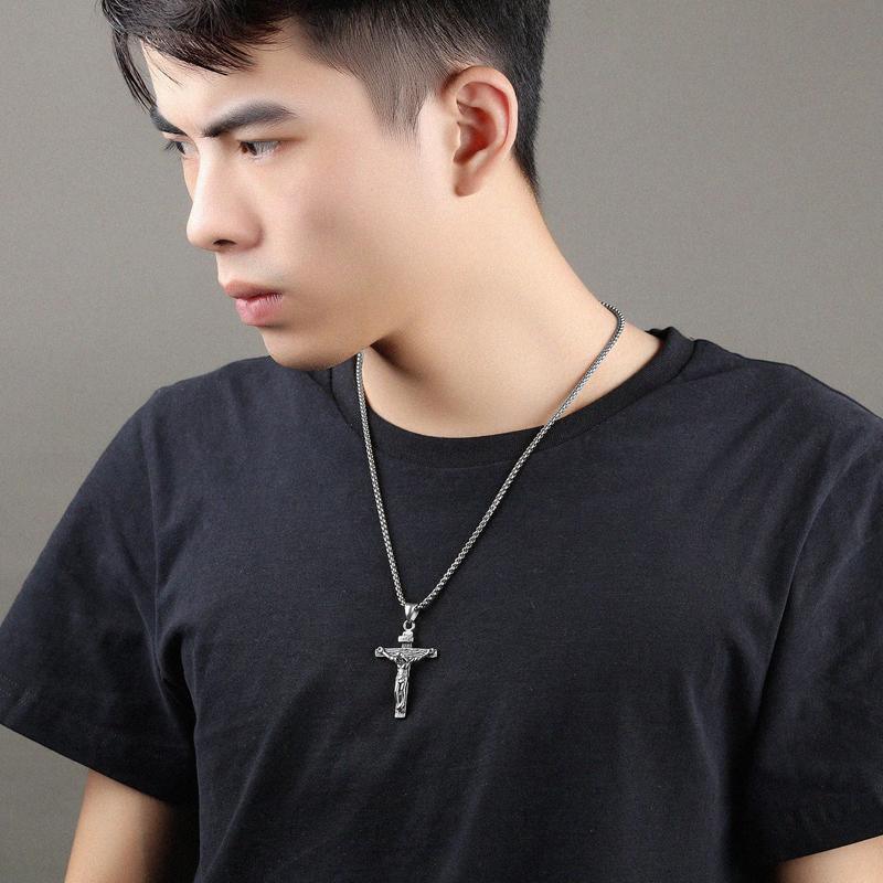 Men Stainless Steel Gold Silver Black Jesus Crucifix Pendant Chain Necklace Silver - only pendant