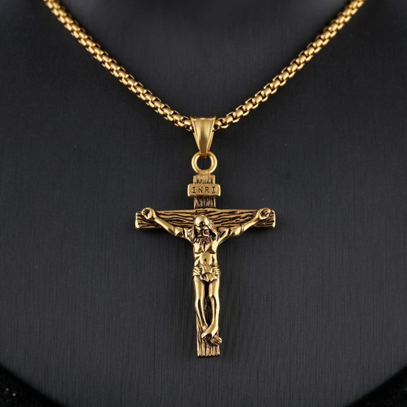 Men Stainless Steel Gold Silver Black Jesus Crucifix Pendant Chain Necklace Silver - only pendant