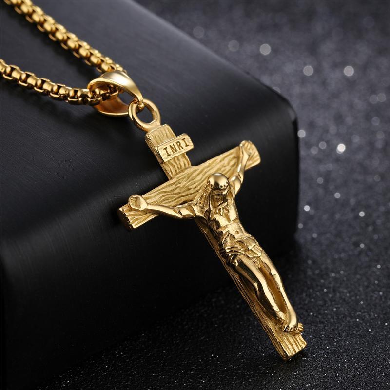 Men Stainless Steel Gold Silver Black Jesus Crucifix Pendant Chain Necklace Gold - only pendant