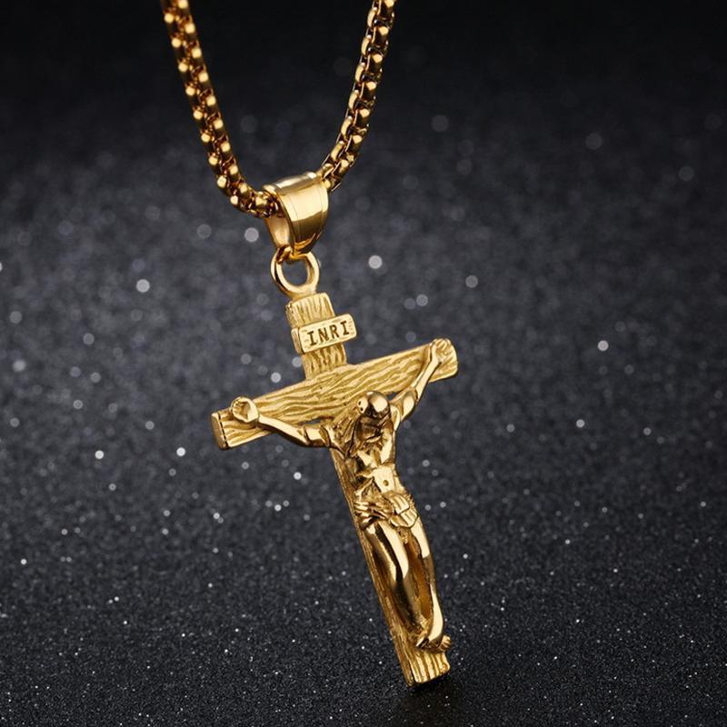 Men Stainless Steel Gold Silver Black Jesus Crucifix Pendant Chain Necklace Gold - only pendant
