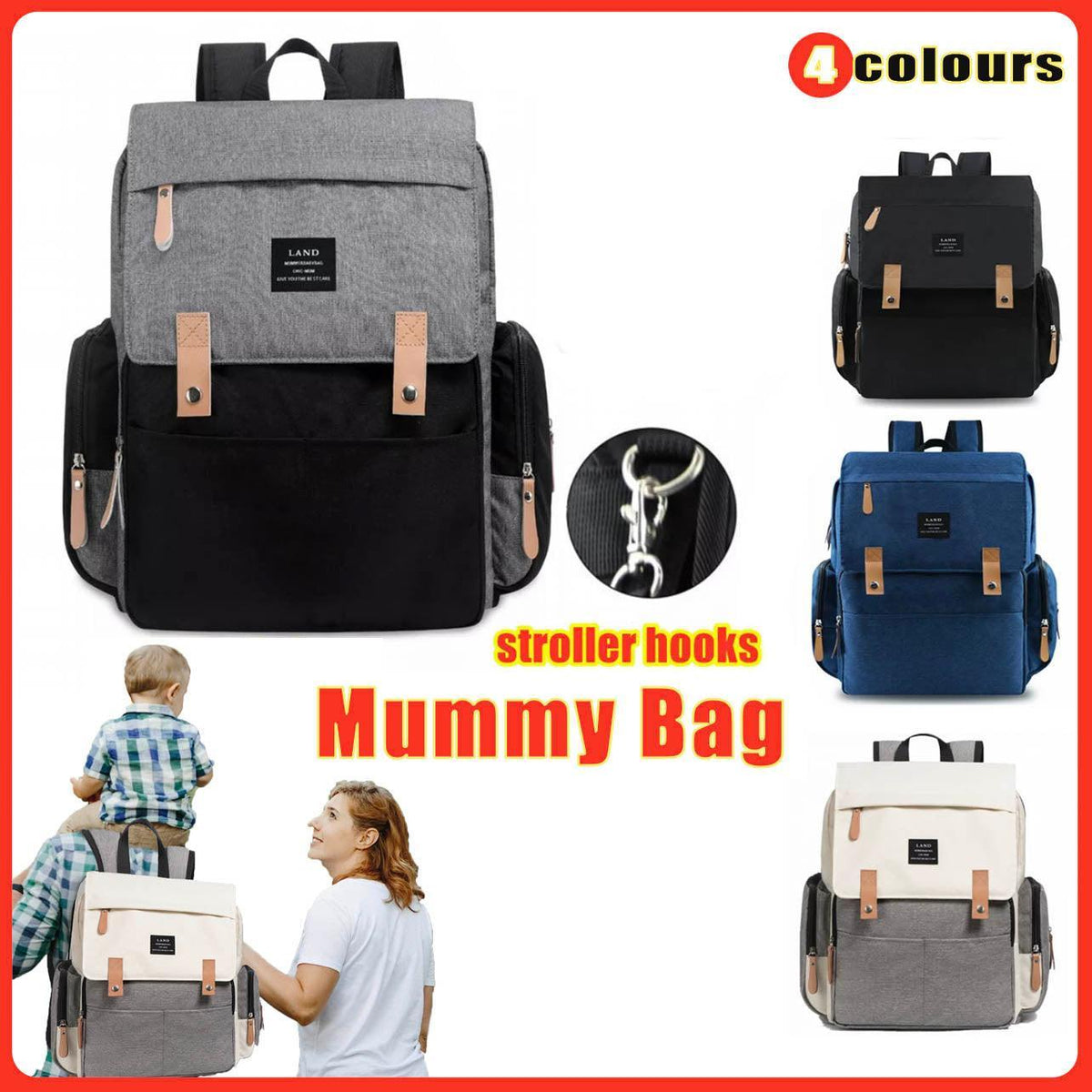 Multifunctional Diaper Backpack Changing Bag Nappy Mummy Travel Organiser - Beige Grey