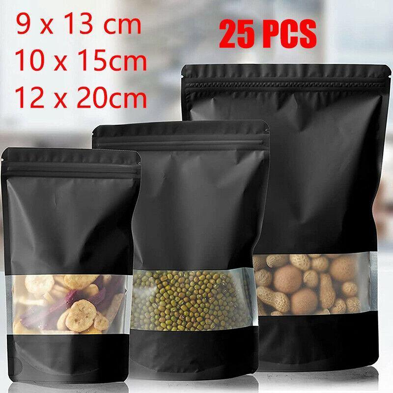 25PCS Stand Up Food Pouches with Clear Window Heat Seal Ziplock Foil Bags - 10x15+3cm