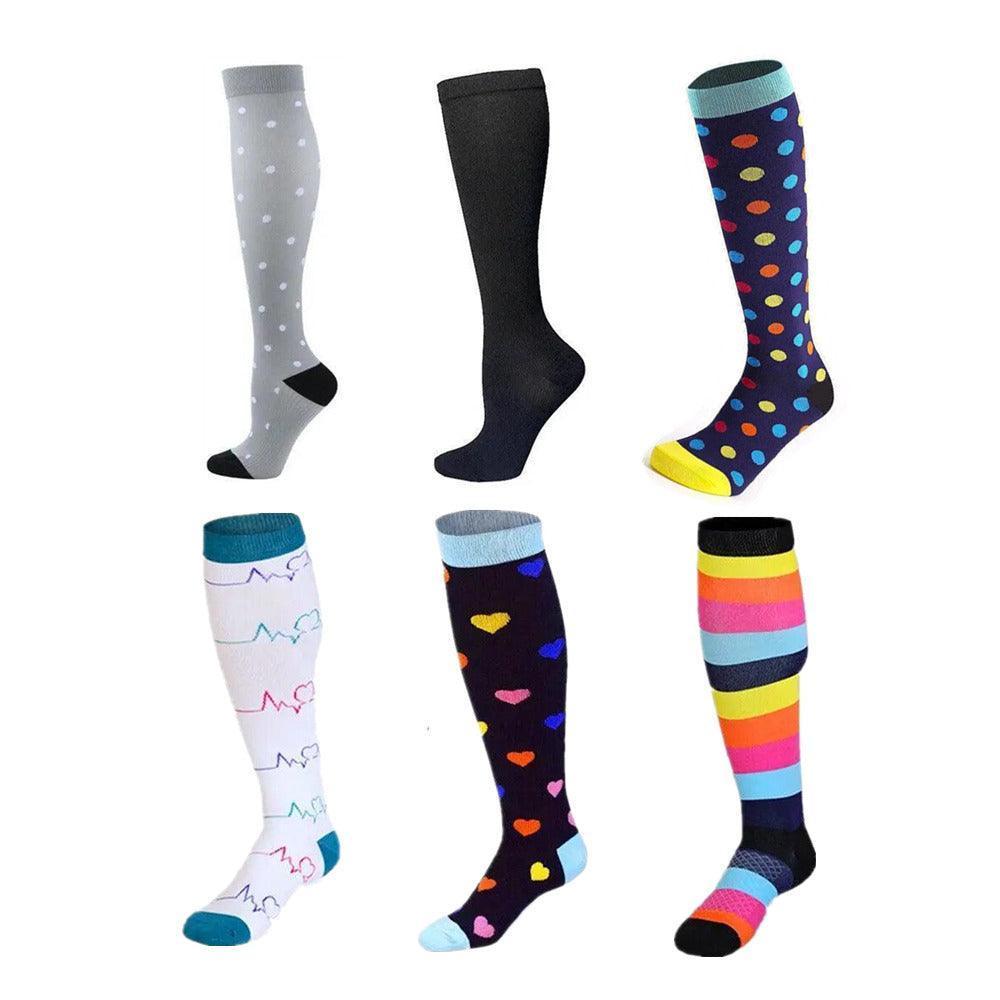 S/M Compression Socks Women Men Nursing Travel Stocking Sport Running - White Polka Dots