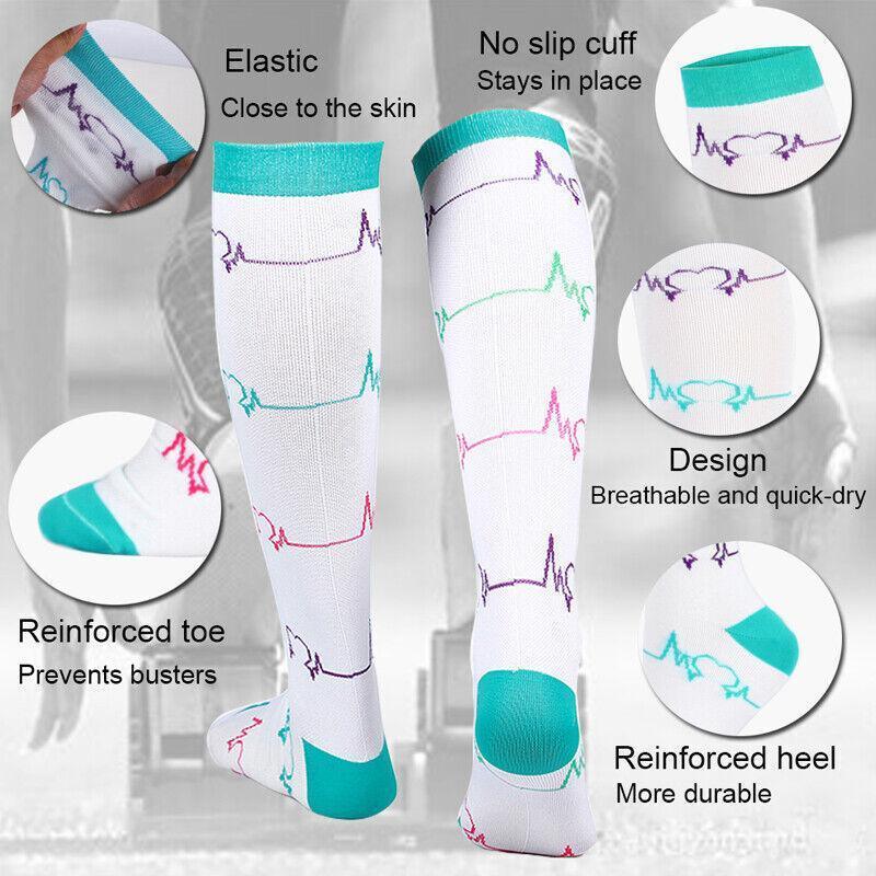 S/M Compression Socks Women Men Nursing Travel Stocking Sport Running - White Polka Dots