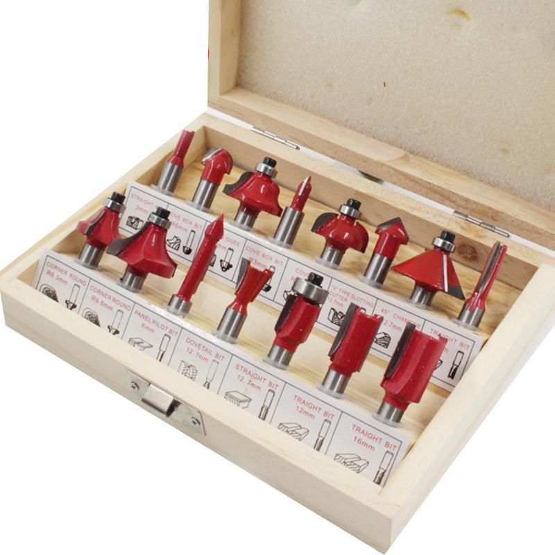 15X 1/2 1/4 inch Router Bits Set Woodworking Tool Cutter Shank Tungsten Carbide - Red 1/4