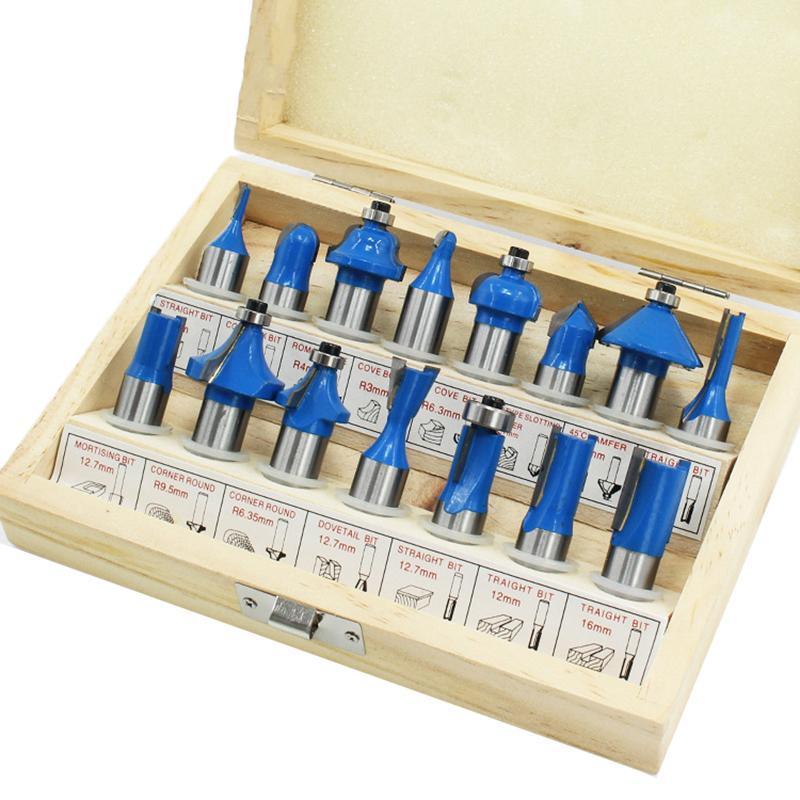 15X 1/2 1/4 inch Router Bits Set Woodworking Tool Cutter Shank Tungsten Carbide - Blue 1/4