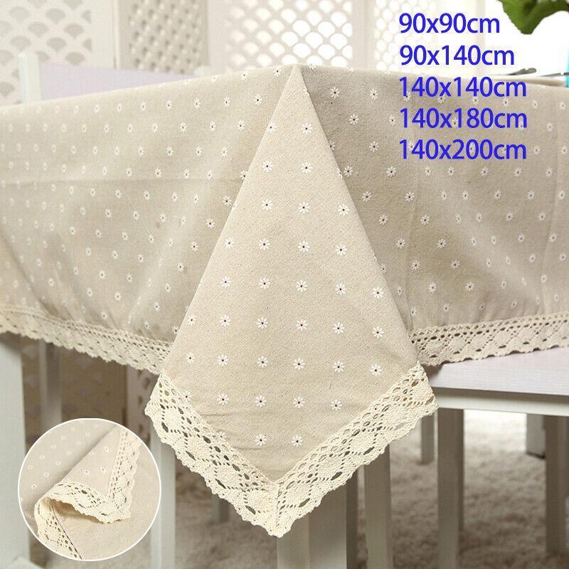 Floral Tablecloth with Lace Edge Cotton Linen Cover for Dining Table Square Rectangle - 140*140CM