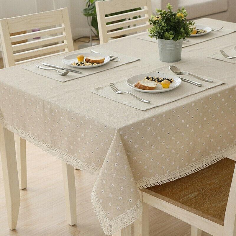 Floral Tablecloth with Lace Edge Cotton Linen Cover for Dining Table Square Rectangle - 140*140CM