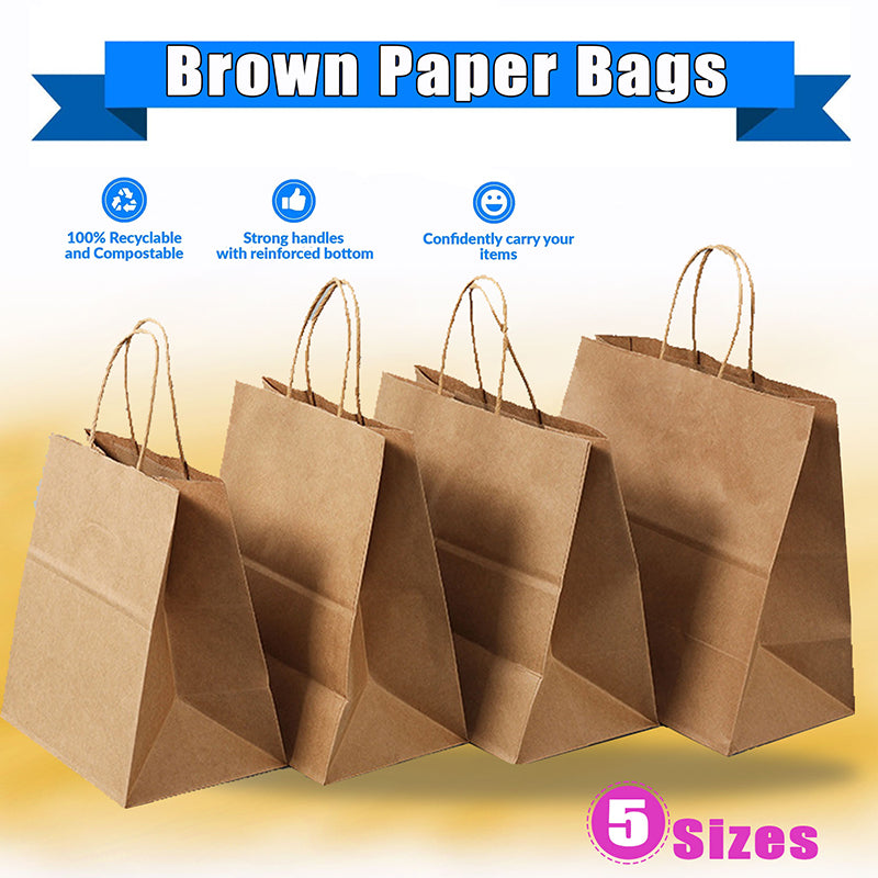 50X Kraft Paper Bags Gift Shopping Carry Craft Brown Bag With Handles - S-15cmx21cmx8cm