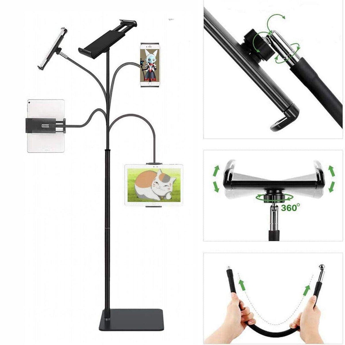 Adjustable Floor/Desk Stand Bed Lazy Mount Holder Arm Bracket For Phone Tablet - Floor Stand (175cm&Black)