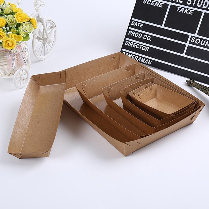 500PCS Kraft Cardboard Food Disposable Tray Brown Party Chips Takeaway Container - 3# 16*11*4cm