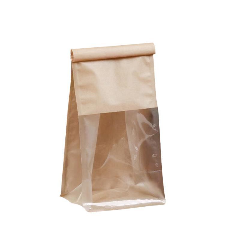 100x Kraft Paper Flat Bottom Cake Packaging Toast Bread Bags With Window Cowhide - 13X28+10CM