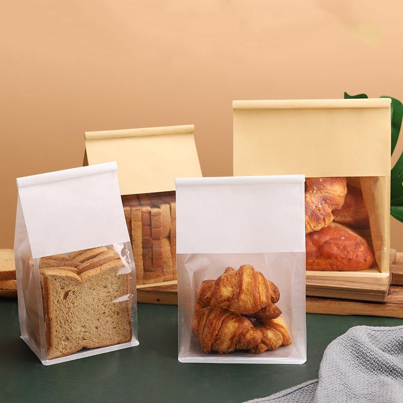 100x Kraft Paper Flat Bottom Cake Packaging Toast Bread Bags With Window Cowhide - 13X28+10CM