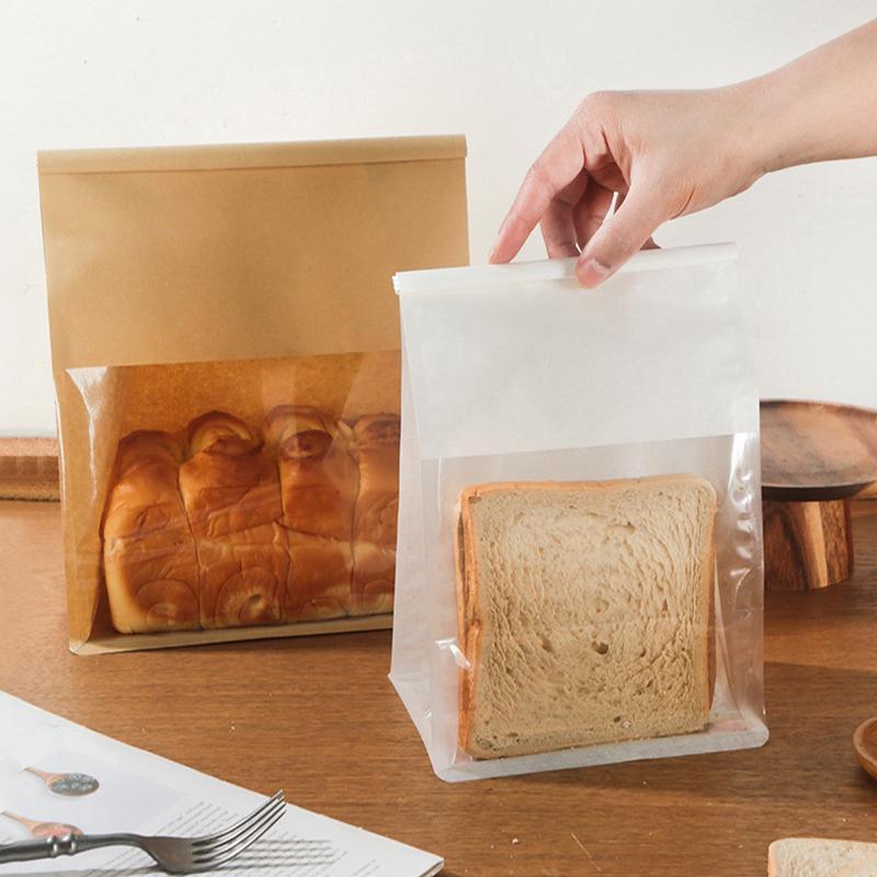 100x Kraft Paper Flat Bottom Cake Packaging Toast Bread Bags With Window Cowhide - 13X28+10CM