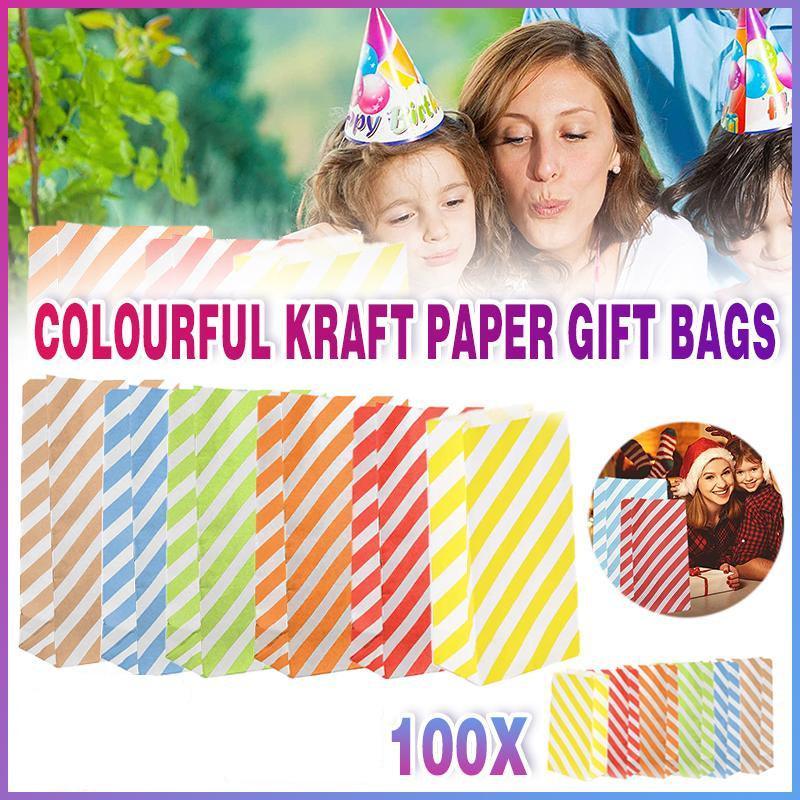 100X Colourful Plaid Kraft Paper Bag Candy Cookie Snack Cake Gift Bags 9X6X18cm - Yellow