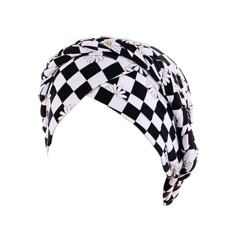 Women'S Comfort Cap Floral Pattern Chemo Head Coverings - Black and white grid