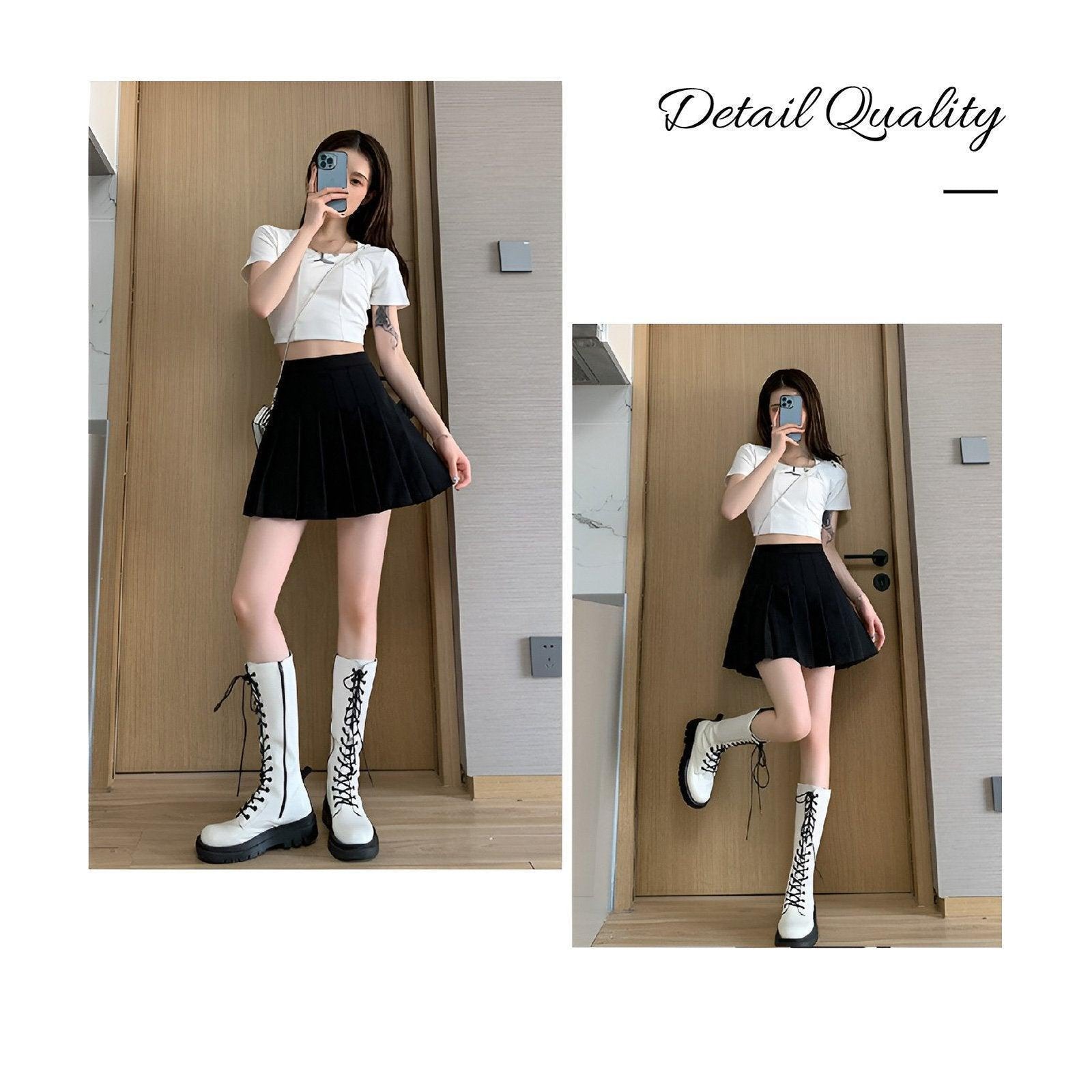 Black Women High Waist Pleated Tennis Skirt Summer Slimming - S