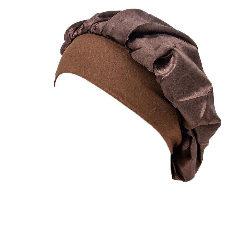 Sleeping Bonnet Hair Wrap Silk Satin Cap Women Elastic Night Soft Hat Headwear - Brown