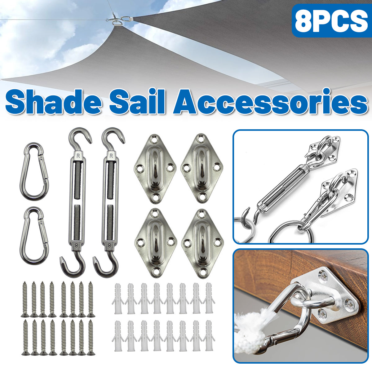 8pcs Hardware Sail Accessory Shade Canopy Fittings Sun Fixing Steel Stainless