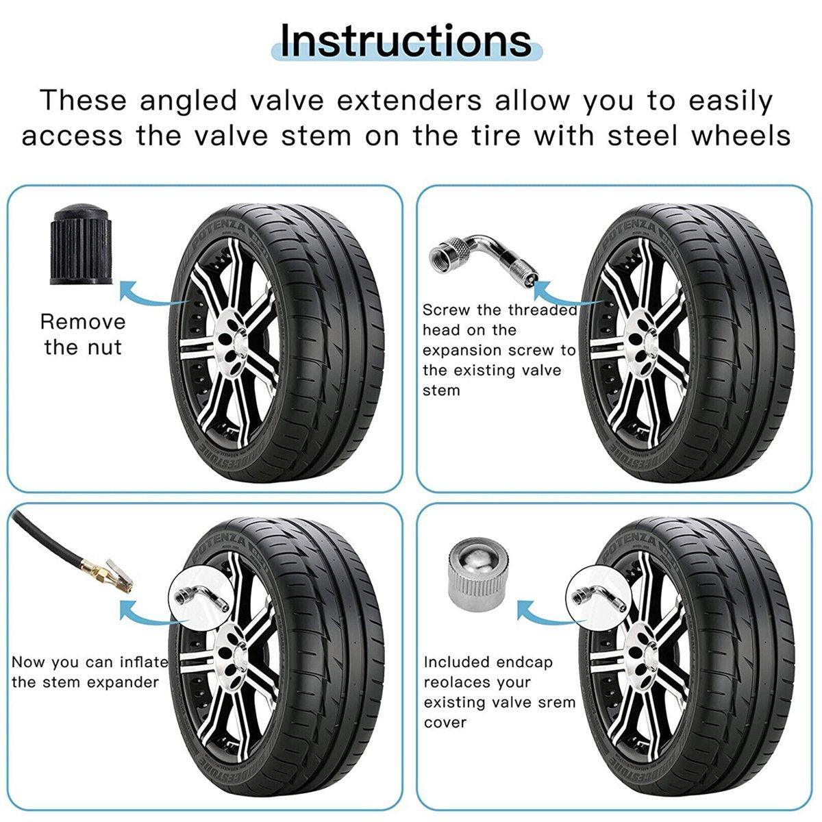 2X Car Motorbike Tyre Valve Extension Adaptor 90 Degree Angle Silver Nozzles