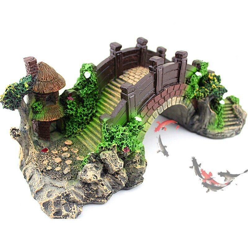 Aquarium Fish Tank Ornament Bridge Resin Rock Pavilion Tree Landscape Decoration - L:19*7*8.5CM