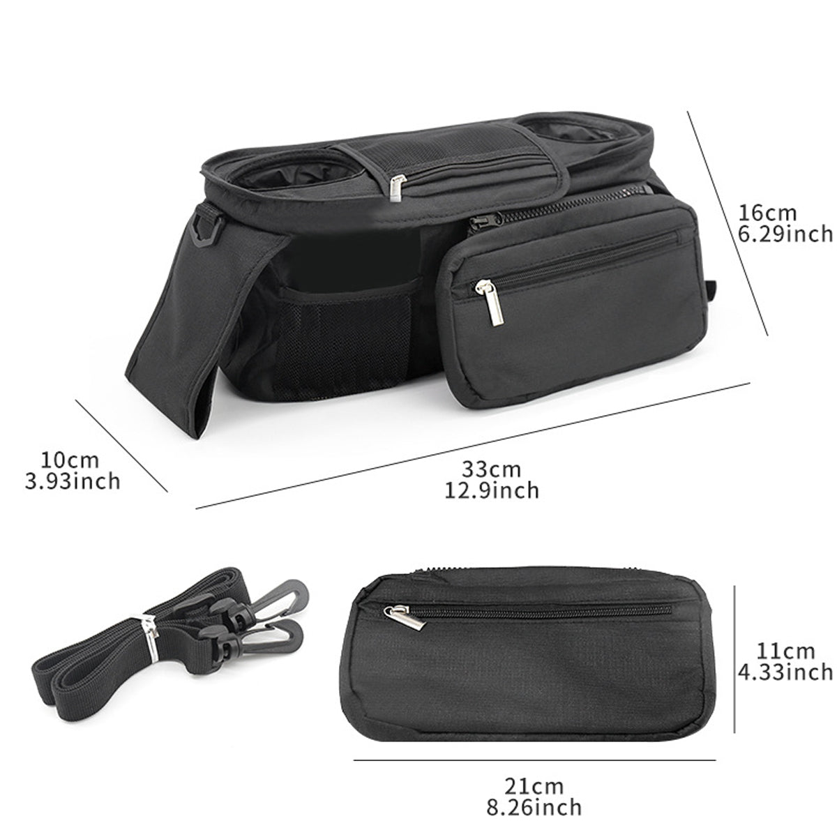 Universal Stroller Organizer Bag Trolley Storage with Multi Pockets and Cup Holders