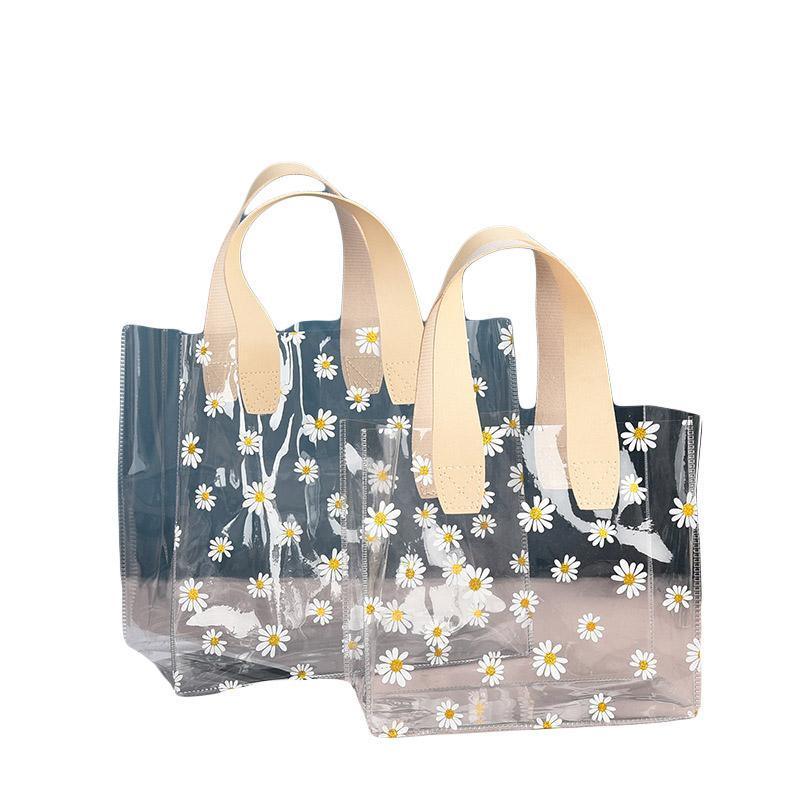 10pcs Small Fresh Transparent PVC Tote Bag Wedding Candy Gift Bag Daisy Design - Beige - L