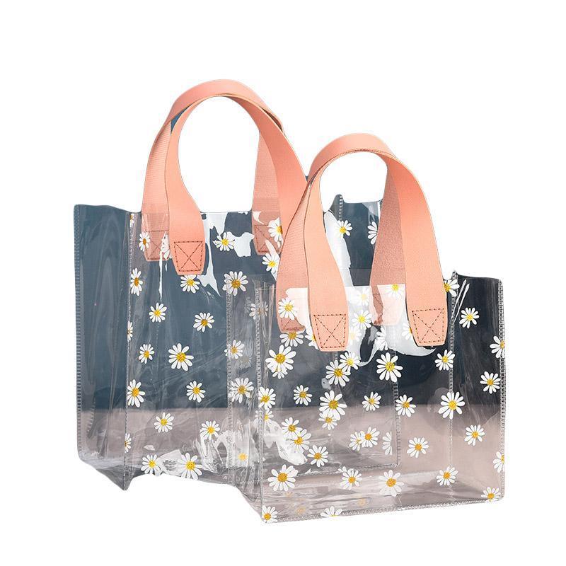 10pcs Small Fresh Transparent PVC Tote Bag Wedding Candy Gift Bag Daisy Design - Beige - L