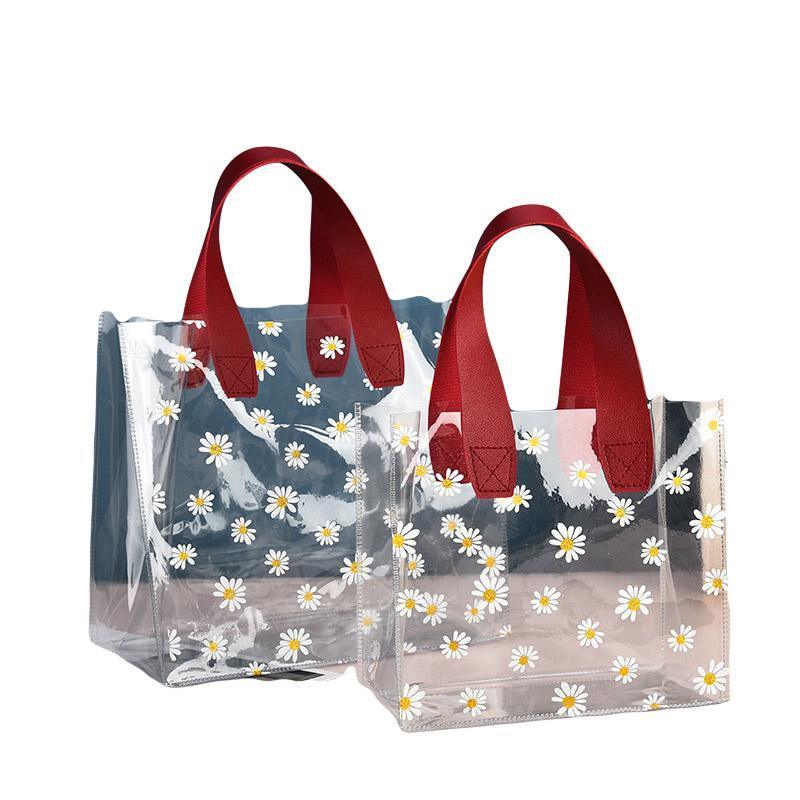 10pcs Small Fresh Transparent PVC Tote Bag Wedding Candy Gift Bag Daisy Design - Red - S