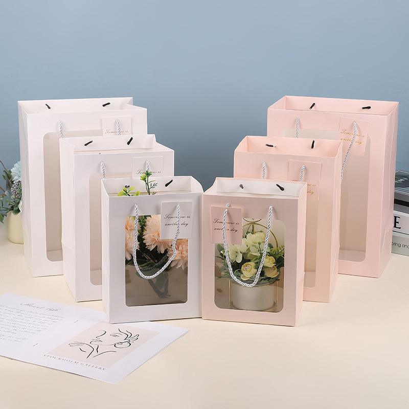 25x Thick Gift Bags with Transparent Window for Valentines Day Bouquets and Gift - Tote-Bag-25pcs-Pink-18-13-25cm