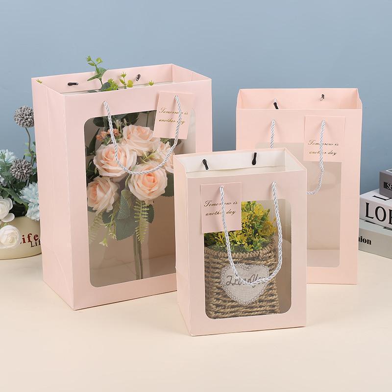 25x Thick Gift Bags with Transparent Window for Valentines Day Bouquets and Gift - Tote-Bag-25pcs-Pink-18-13-25cm