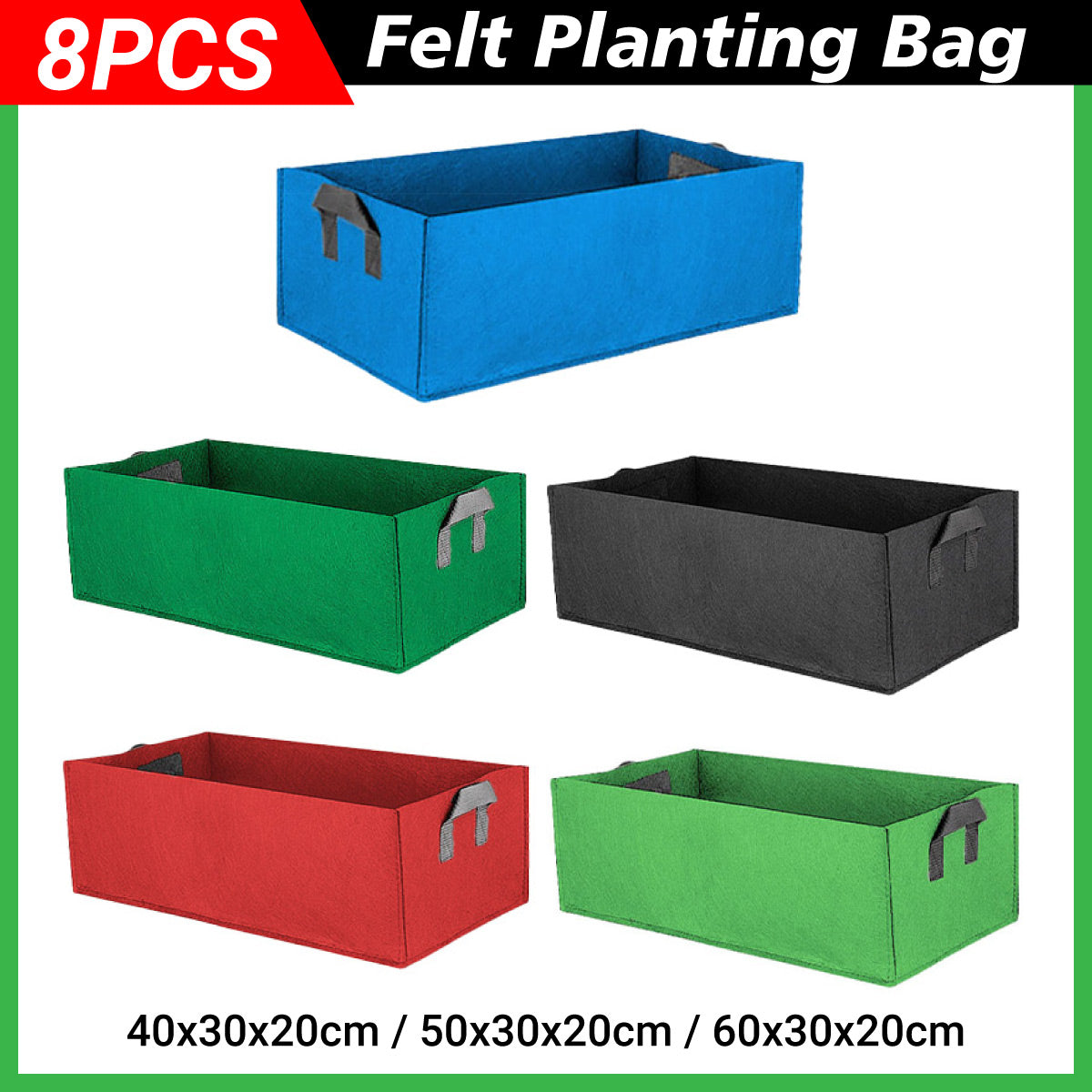 8pcs Felt Rectangular Planting Bags Vegetable Grow Bags Non-Woven Flower Pots - Blue 8pcs-60x30x20